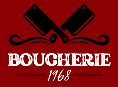 Logo boucherie avec deux hachoirs croisés au-dessus du texte « BOUCHERIE 1968 » sur fond rouge foncé.