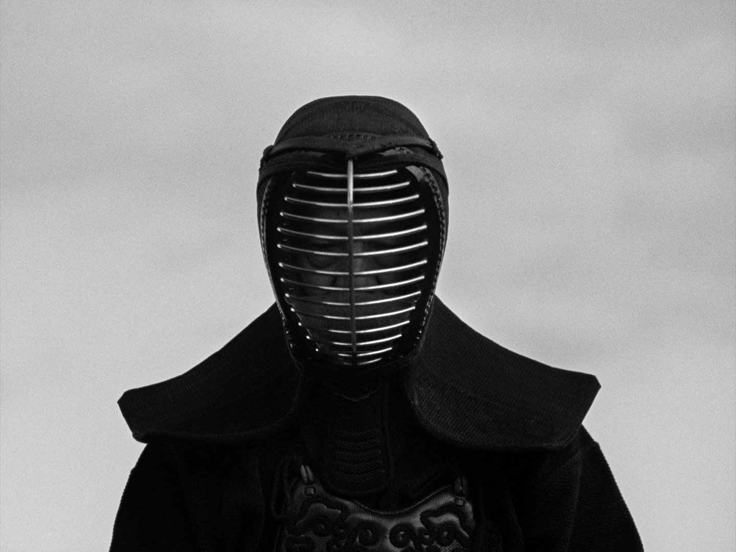 Person wearing traditional Kendo armor and helmet with metal face guard.