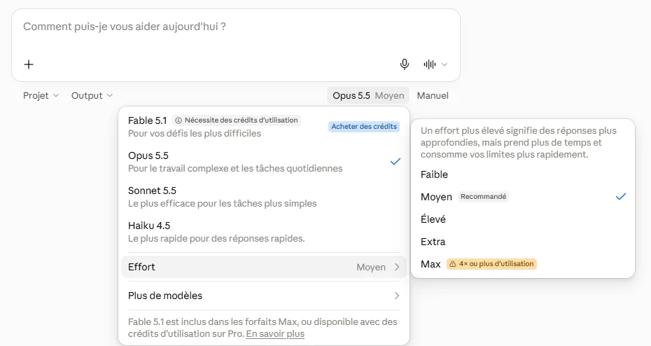 Menu de Claude : choix du modèle Opus 5.5 et des cinq niveaux d'effort, de Faible à Max