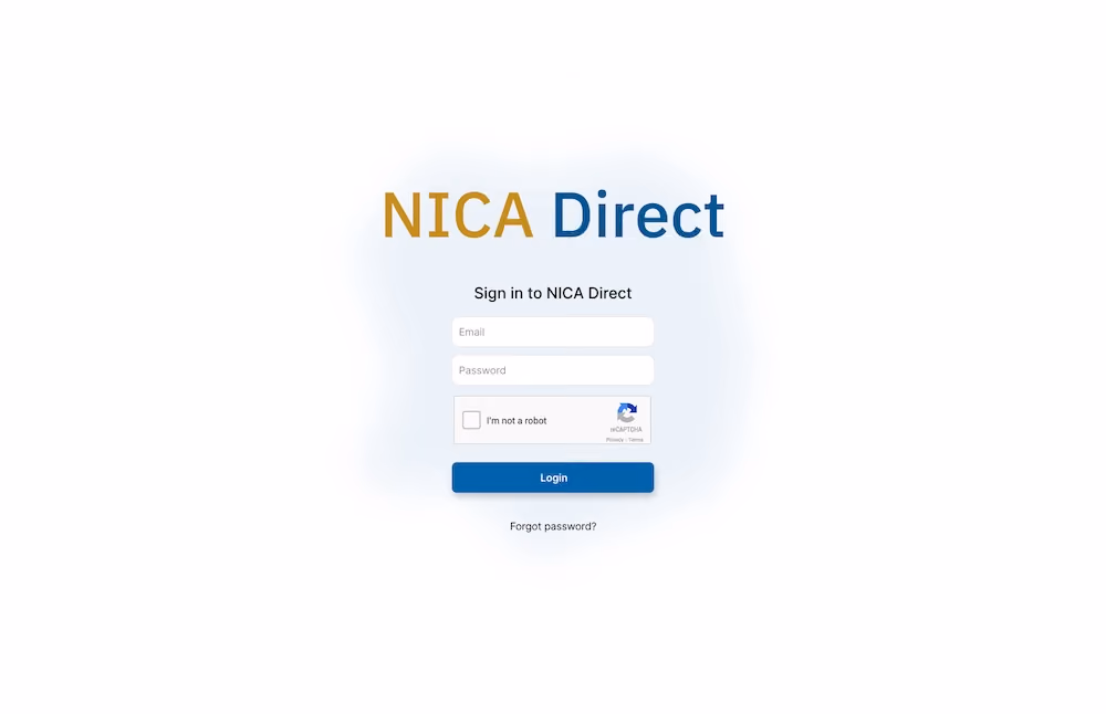 NICA Direct app login screen.