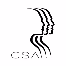 Black abstract design of four stylized human profiles in a row with 'CSA' text below.