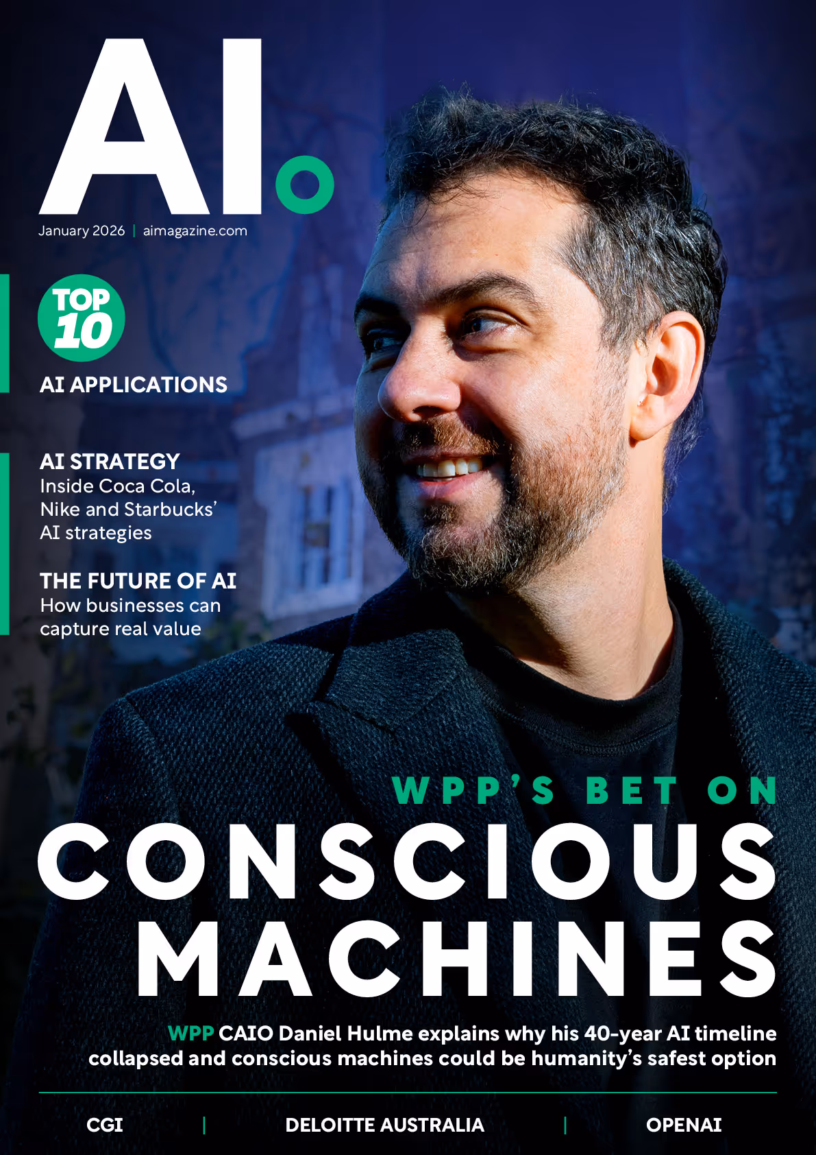 Magazine cover of AI January 2026 featuring Daniel Hulme wearing a dark jacket, with text about AI applications, strategies, and WPP's focus on conscious machines.