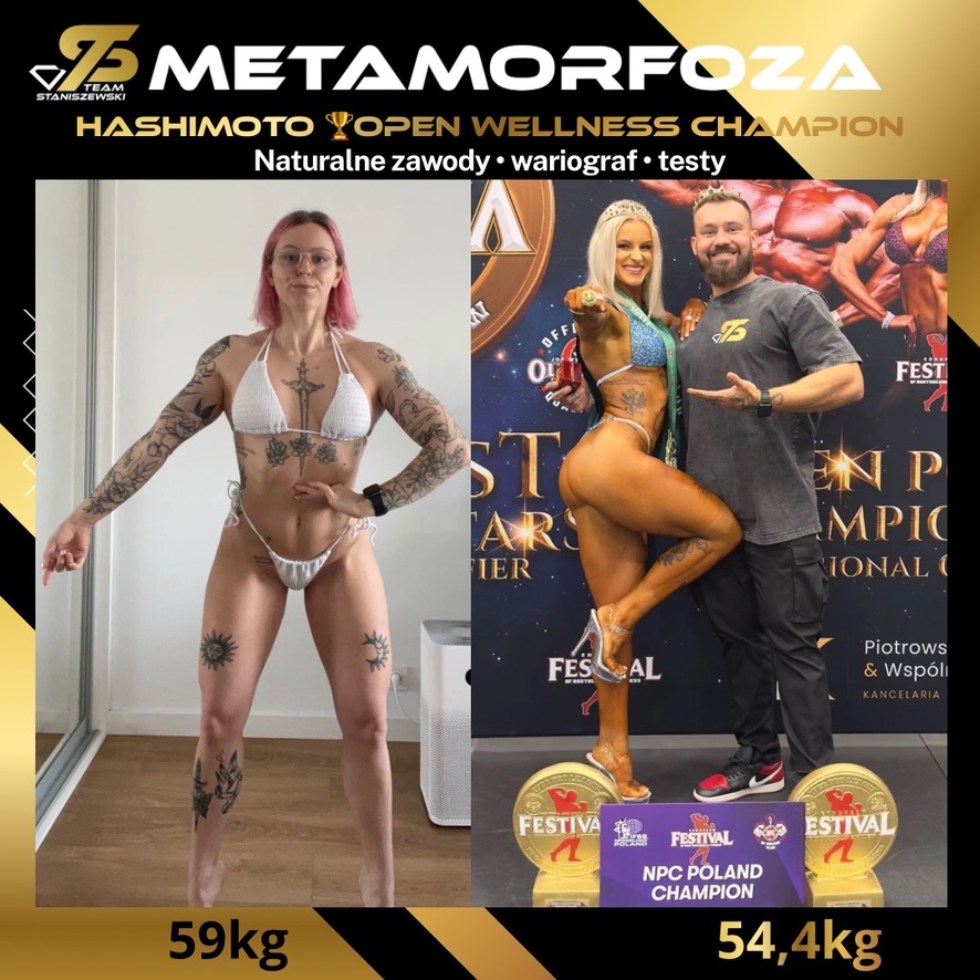 Dominika Grabarczyk – metamorfoza: 59 kg na starcie i 54,4 kg na scenie jako NPC Poland Champion, z trenerem Pawłem Staniszewskim