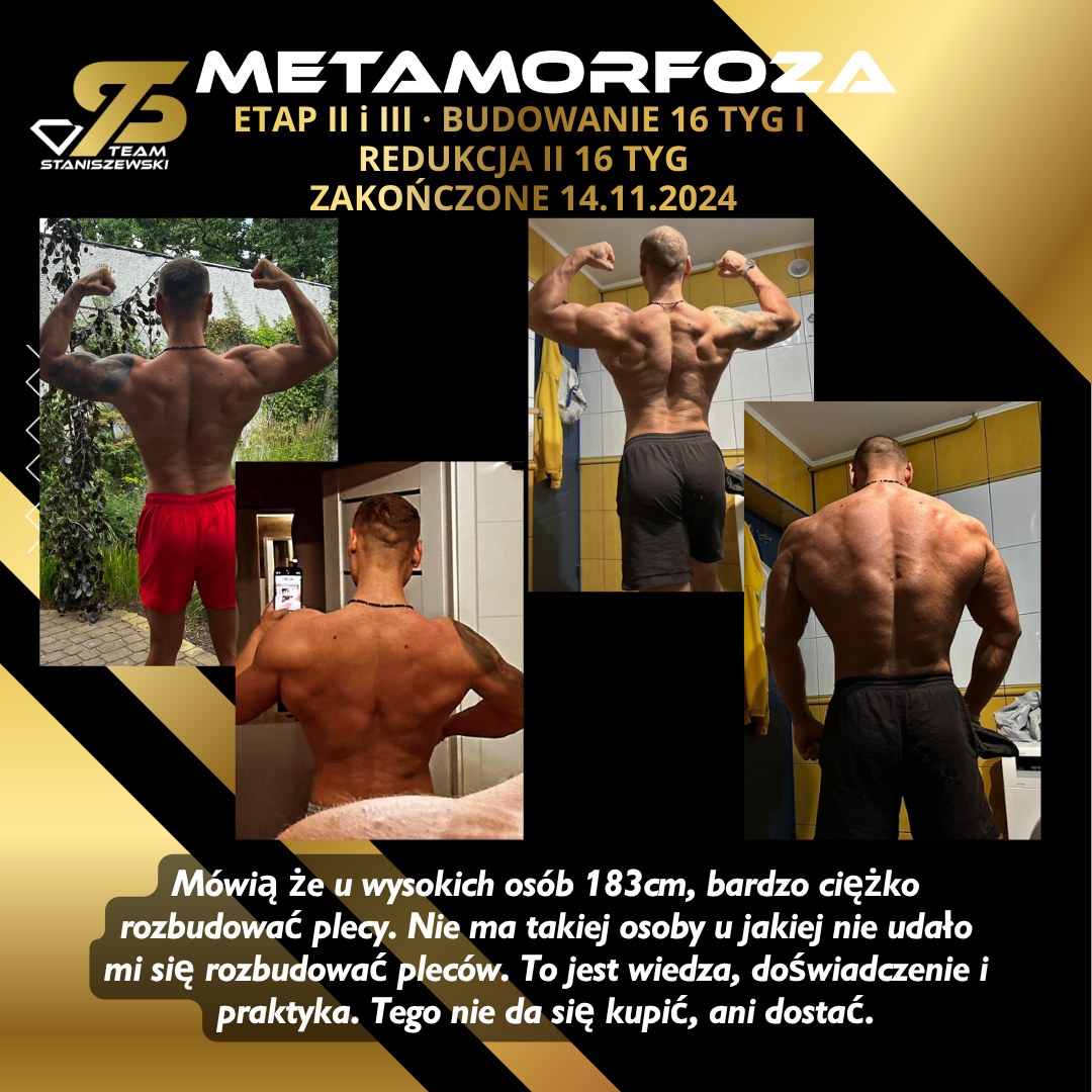 Wojtek – rozbudowane plecy po etapie budowania masy