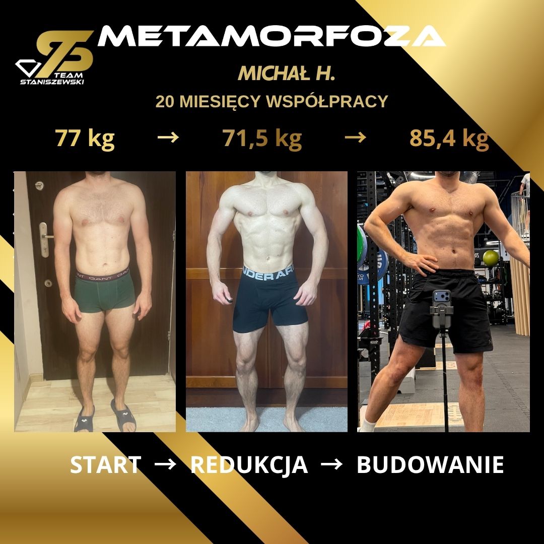 Michał H. – metamorfoza: start 77 kg, po redukcji 71,5 kg, koniec budowania 85,4 kg