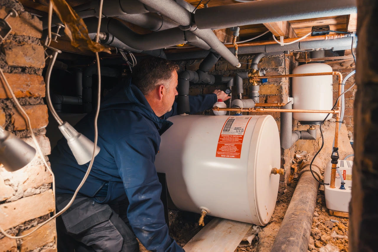 Technician adjusting valves on a large white water heating cylinder in a basement with exposed pipes and brick walls.