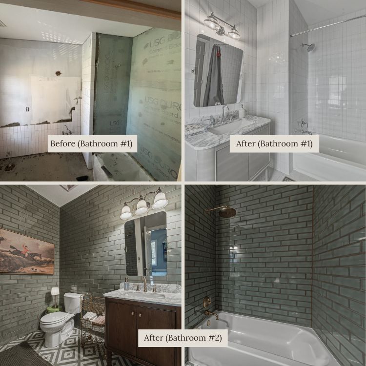 Before and after bathroom renovation showing updated tile, vanity, and shower in a Tampa Bay home remodel project