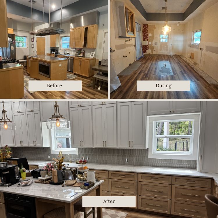 Before, during, and after kitchen renovation featuring updated cabinetry, countertops, and open layout in a residential home remodel