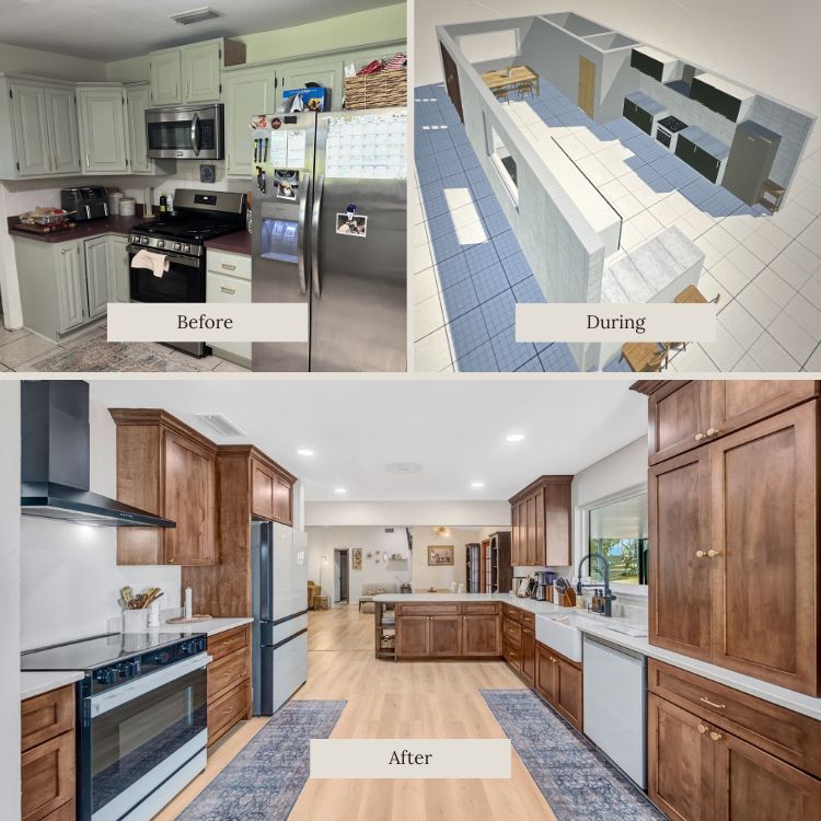 Before, design rendering, and after kitchen remodel showcasing expanded layout, custom wood cabinetry, and modern finishes in a residential home
