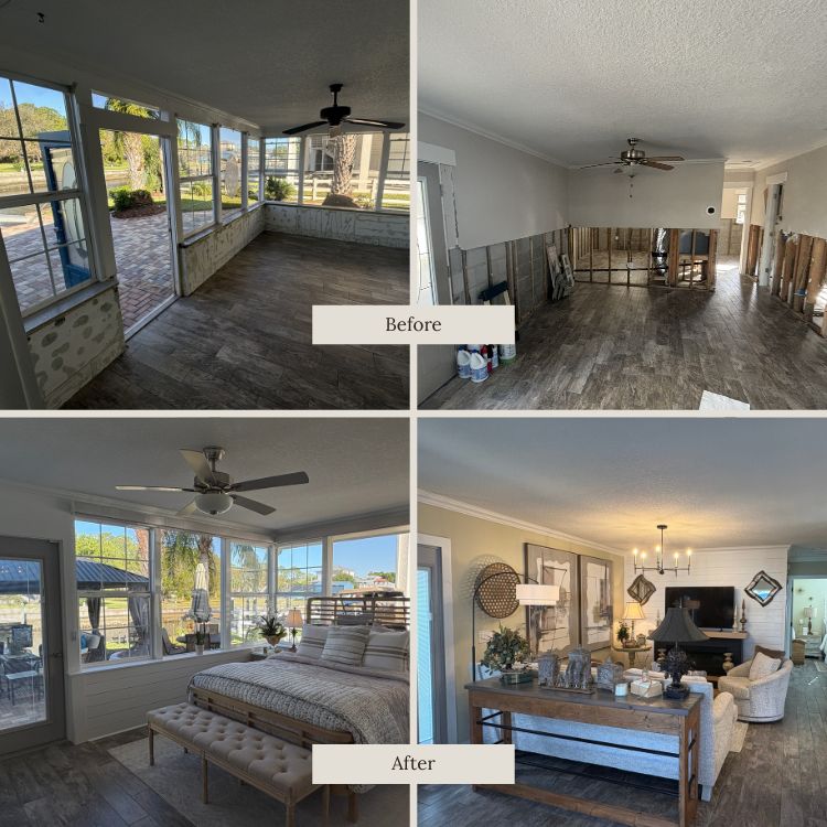 Before and after full hurricane restoration showcasing rebuilt sunroom and living space with new flooring, repairs, and refreshed interior finishes