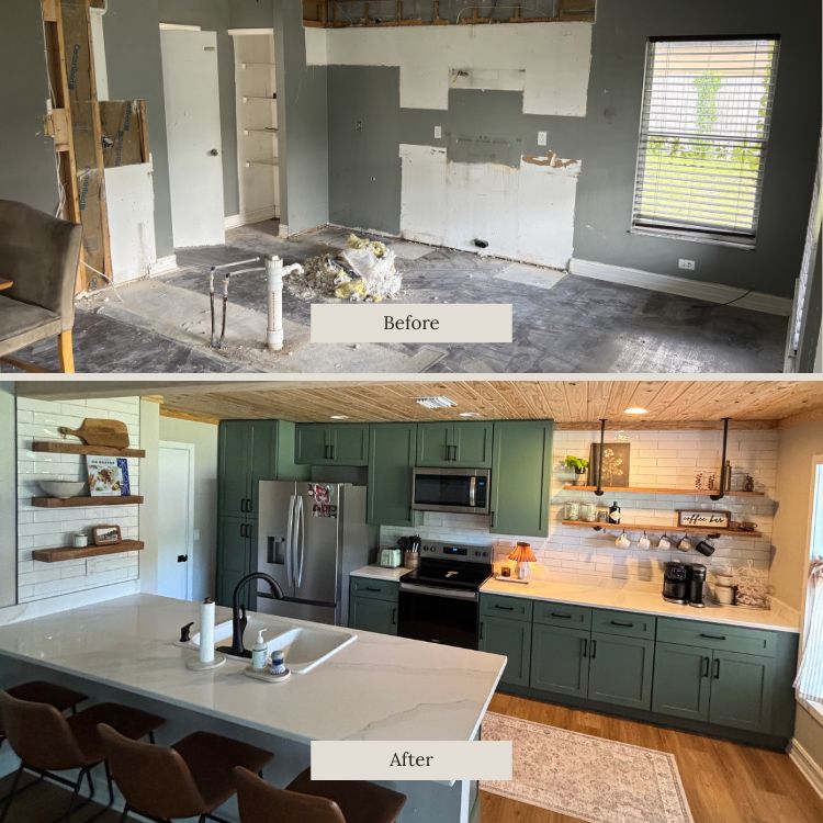 Before and after kitchen renovation featuring custom green cabinetry, quartz countertops, wood ceiling detail, and modern farmhouse finishes
