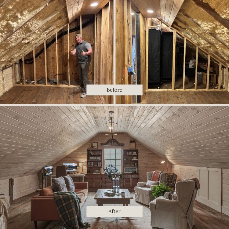 Before and after attic transformation into finished loft featuring wood-paneled ceiling, built-in storage, and cozy living area addition