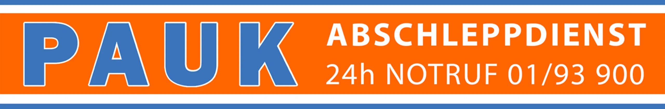 Orange banner with the word PAUK in large blue letters and Abschleppdienst 24h Notruf 01/93 900 in white.