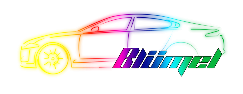 Stylized car outline filled with a rainbow gradient and the word 'Bluimel' integrated within the shape.
