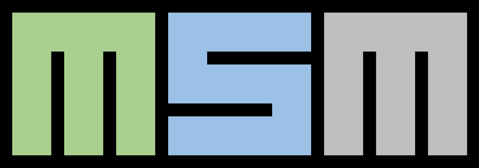 Stylized letters M, S, and M in green, blue, and gray blocks on a black background.