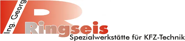 Logo featuring a large stylized red and white letter R, with the text 'Ing. Georg Ringseis Spezialwerkstätte für KFZ-Technik' below it.