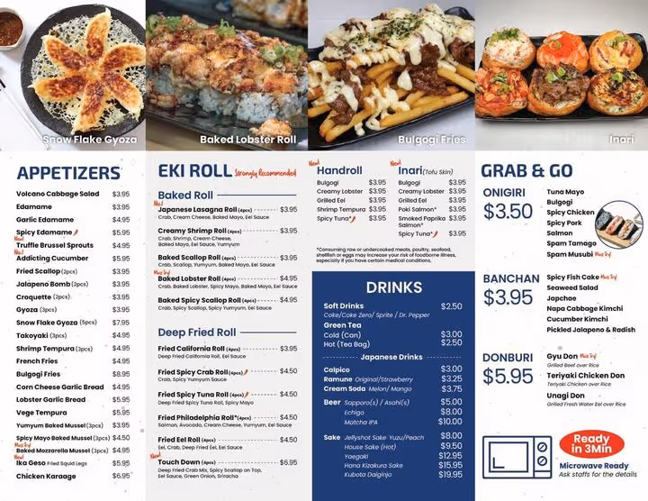 Menu featuring appetizers, Eki rolls, deep fried rolls, drinks, grab & go items including onigiri, banchan, and donburi with images of Snow Flake Gyoza, Baked Lobster Roll, Bulgogi Fries, and Inari sushi.