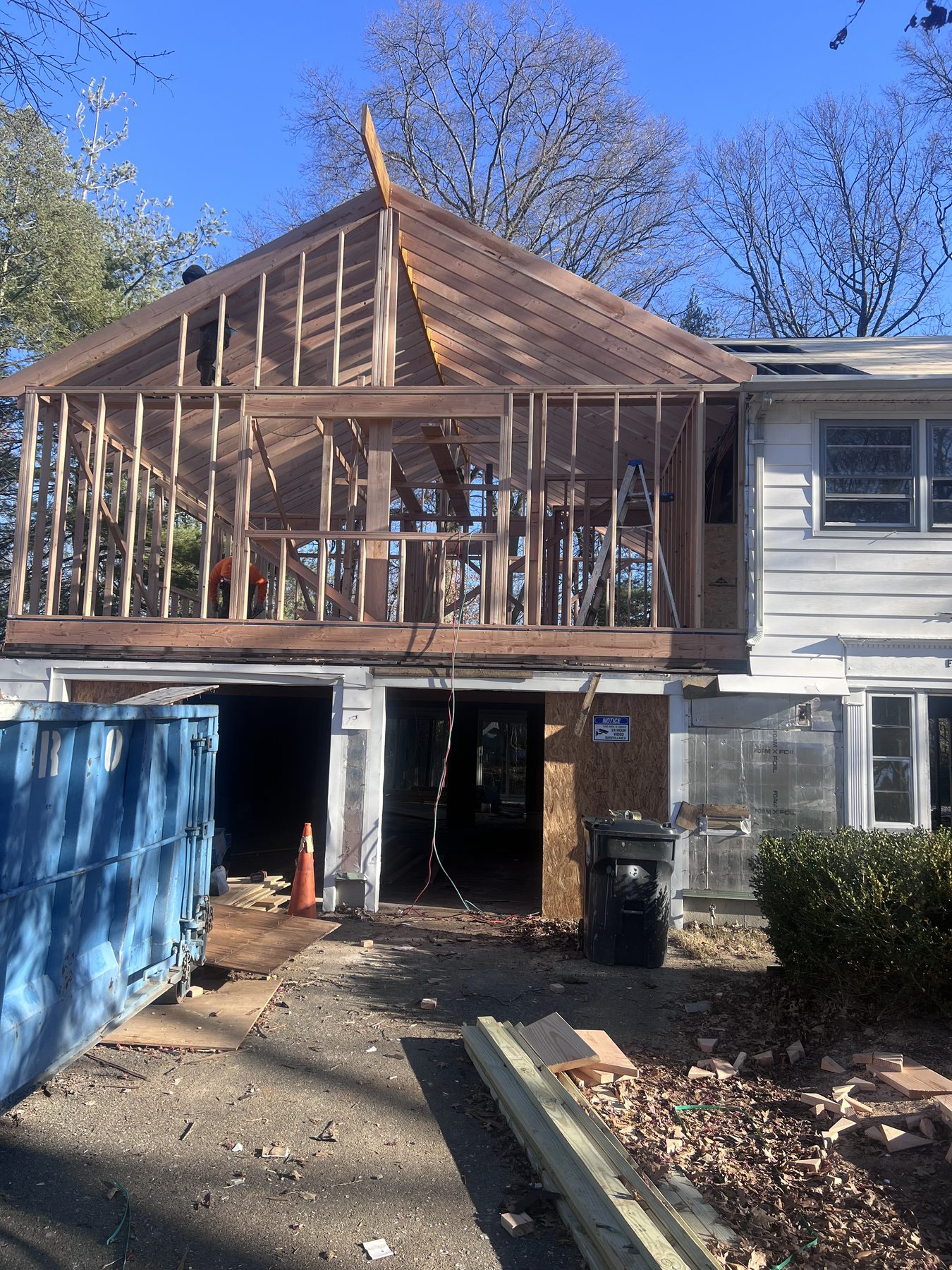 Framing for a second-story addition above a garage on an Essex County, New Jersey home