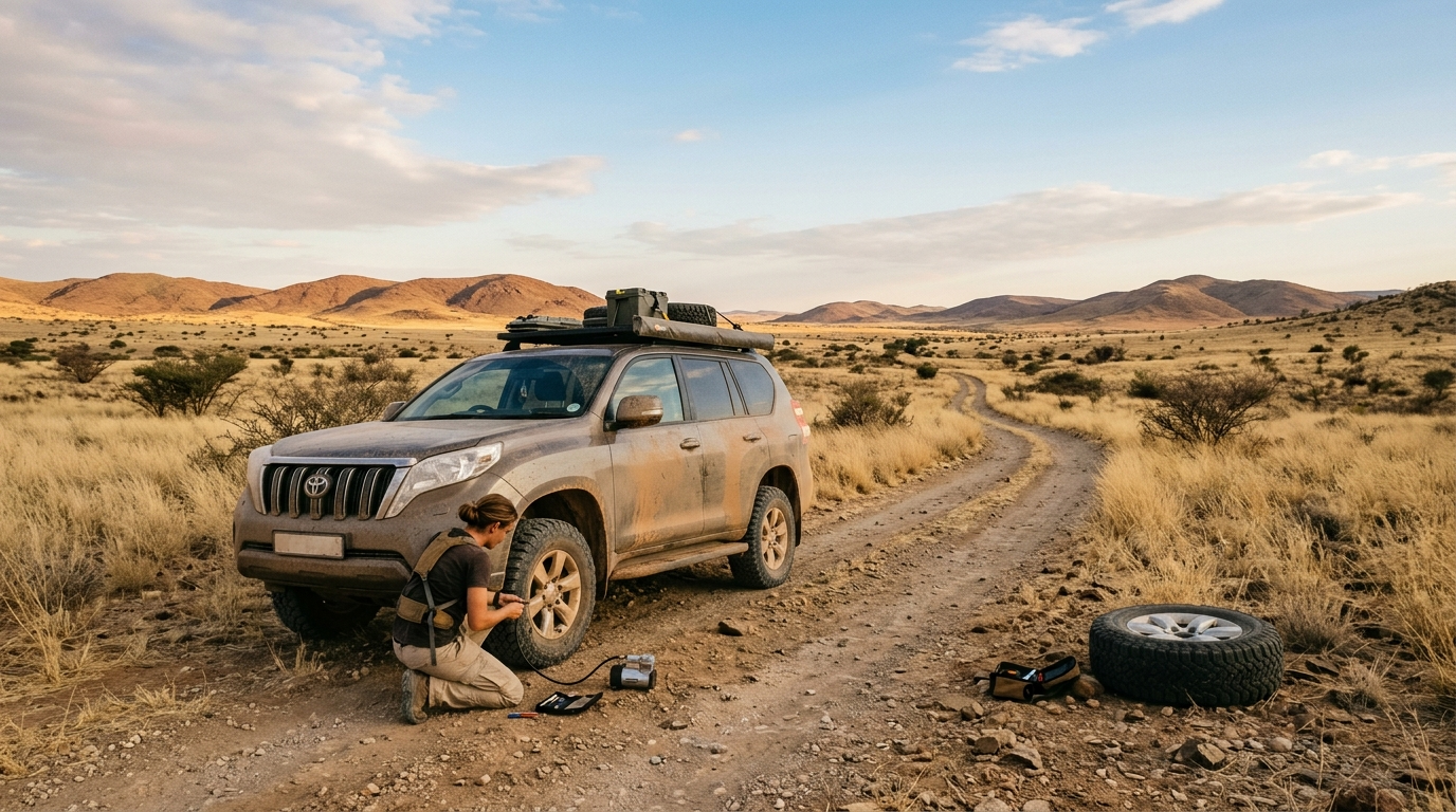 Illustration zum Thema: Reifenpanne in Namibia: Was du selbst reparieren kannst