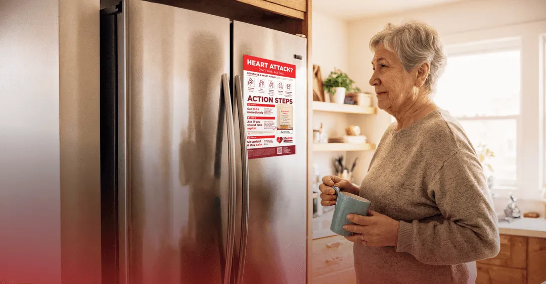 Senior woman in a home kitchen looking at a LifeLine Kit emergency magnet on her refrigerator, designed for heart attack response.
