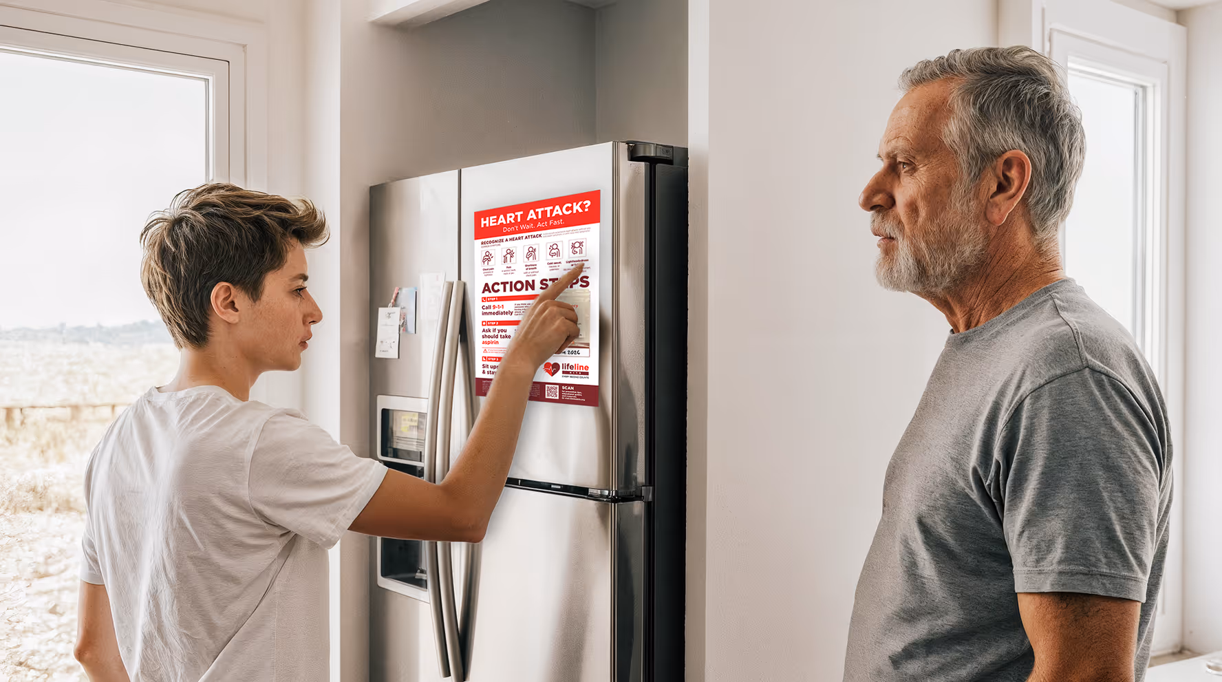 Teenage boy pointing at a LifeLine Kit emergency magnet on a refrigerator, while an older man stands beside him attentively, in a bright home kitchen setting.