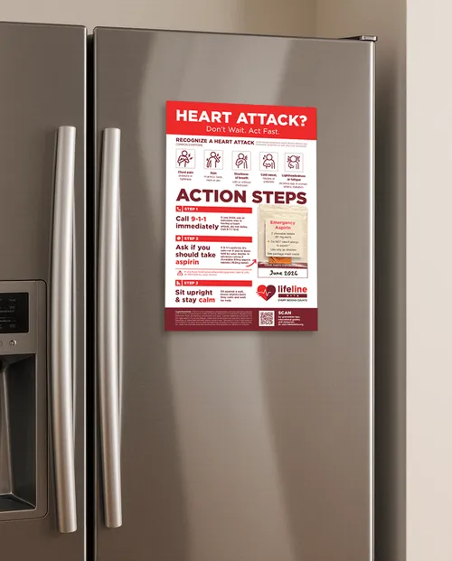 Emergency heart attack response kit magnet displayed on a refrigerator, showing clear action steps and aspirin instructions.