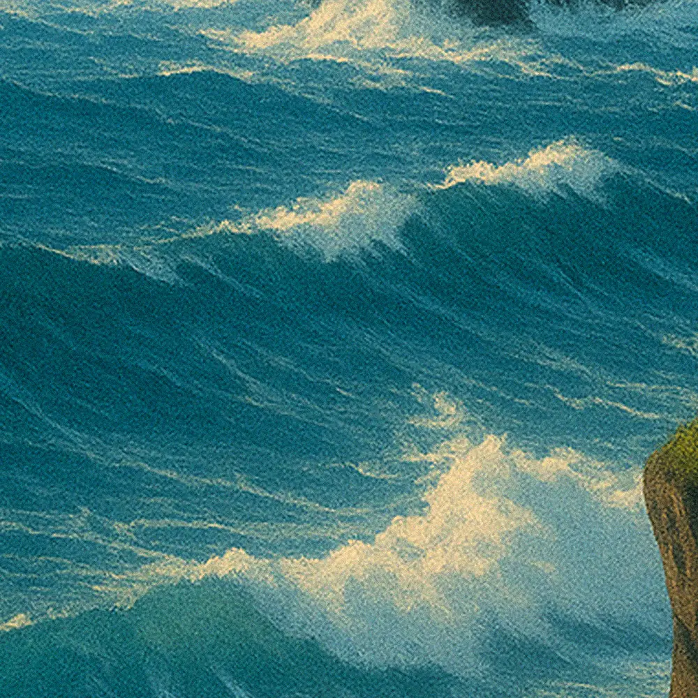 Close-up of ocean waves crashing with white foam near a rocky cliff.