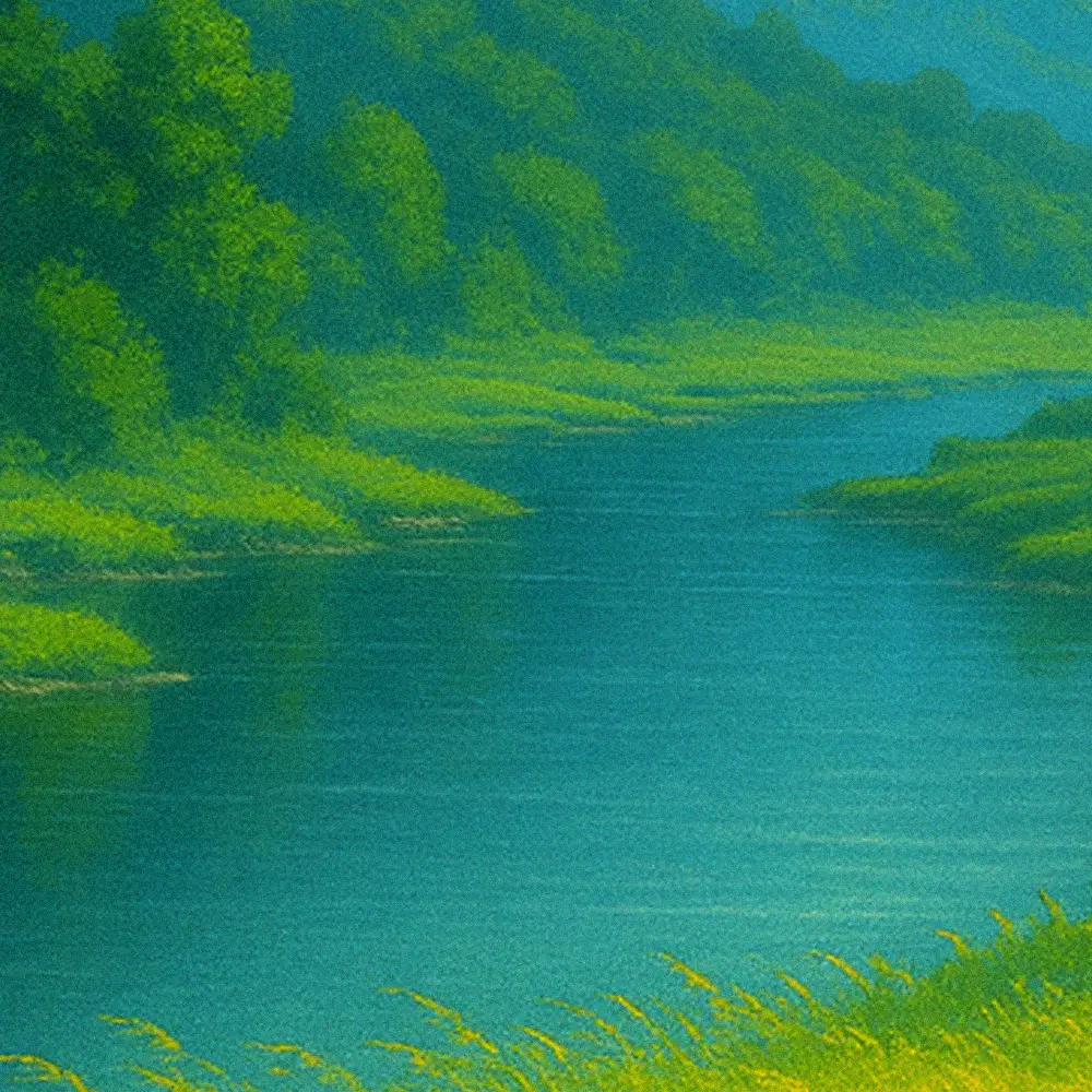 Serene river flowing through lush green vegetation with trees and grass.