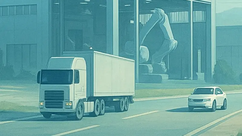 White semi-truck and white car driving on a road near a building with a large sculpture inside.