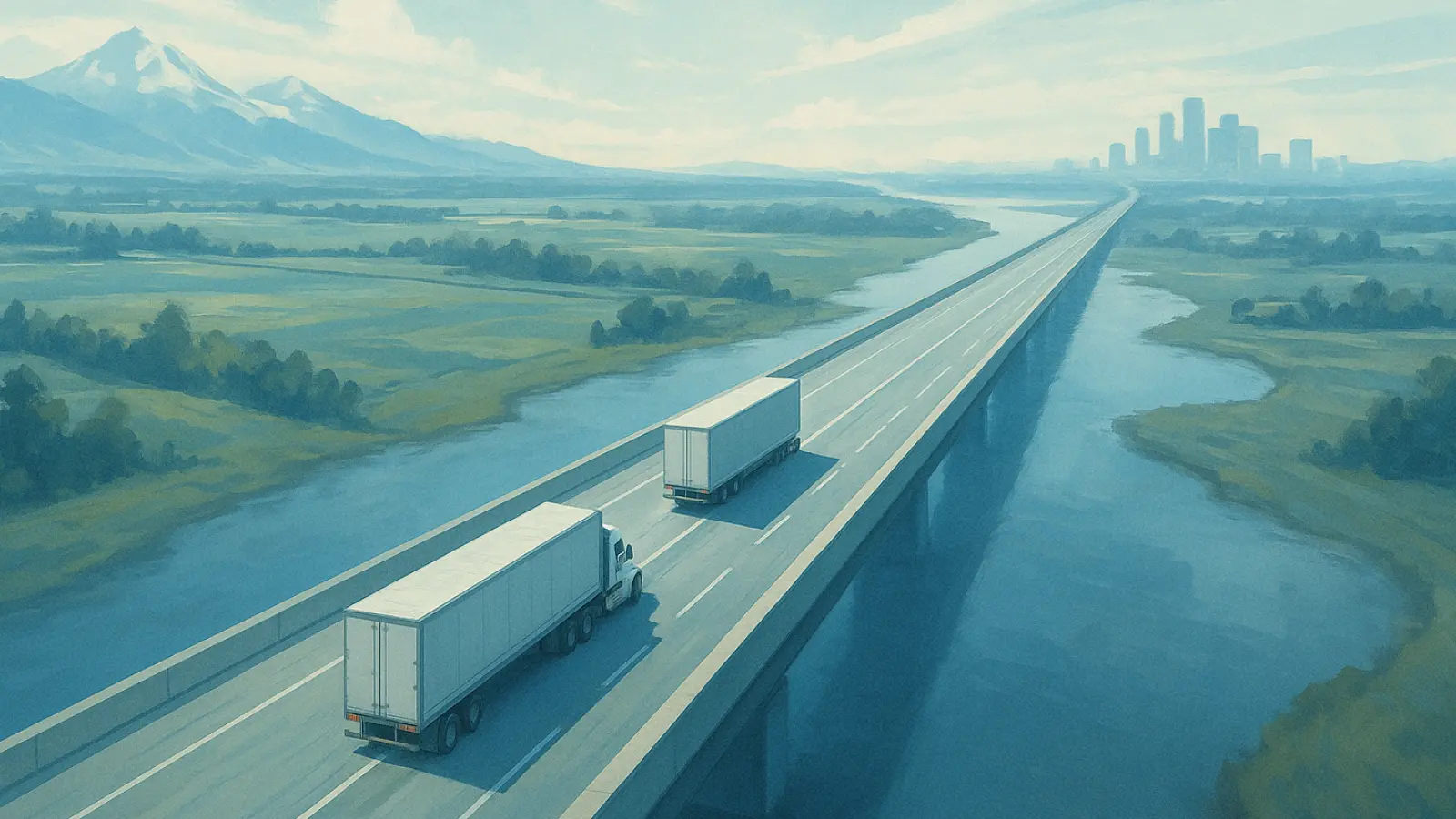Two freight trucks driving on a long elevated highway over a river with a city skyline and mountains in the distance.