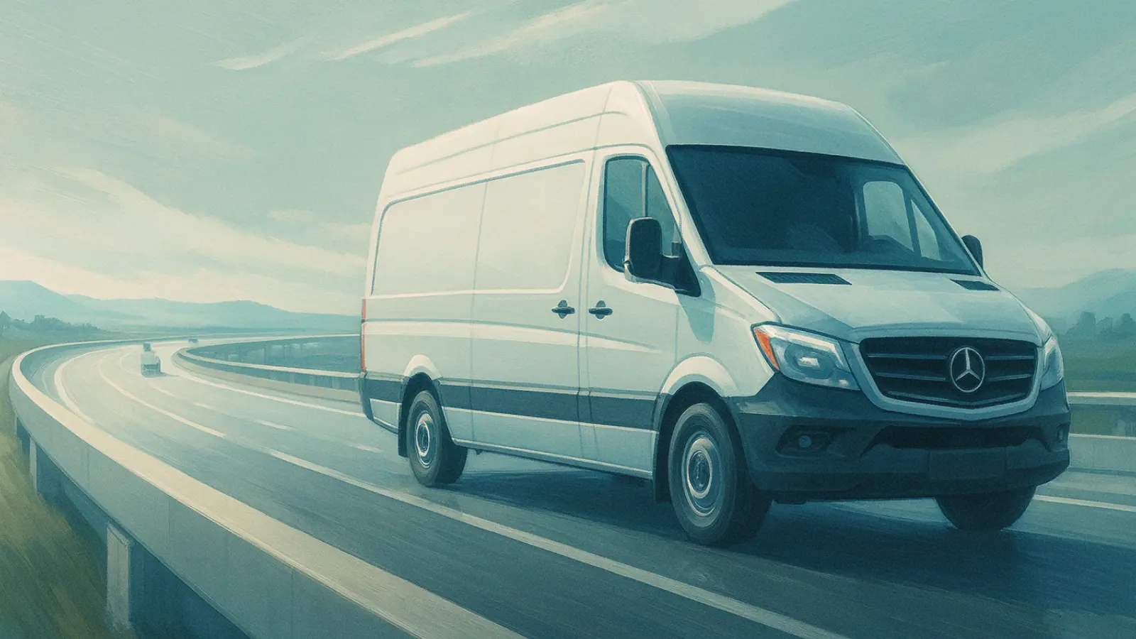 White Mercedes-Benz cargo van driving on a curved elevated highway with mountains in the background.