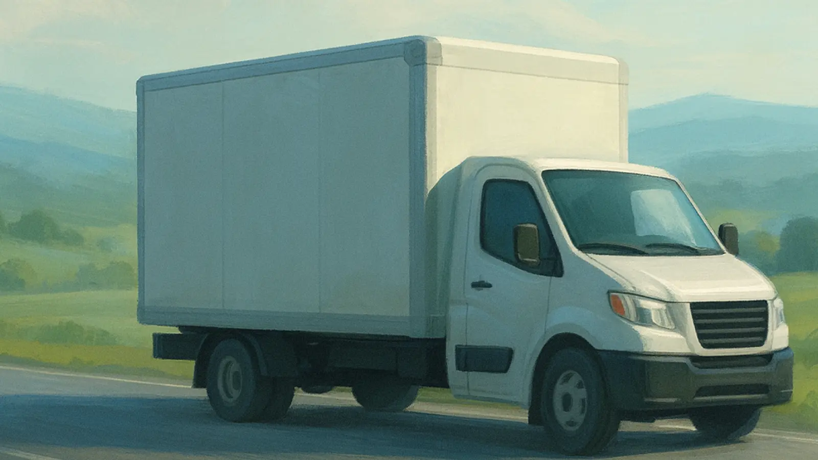 White box truck driving on a road with green hills and mountains in the background.