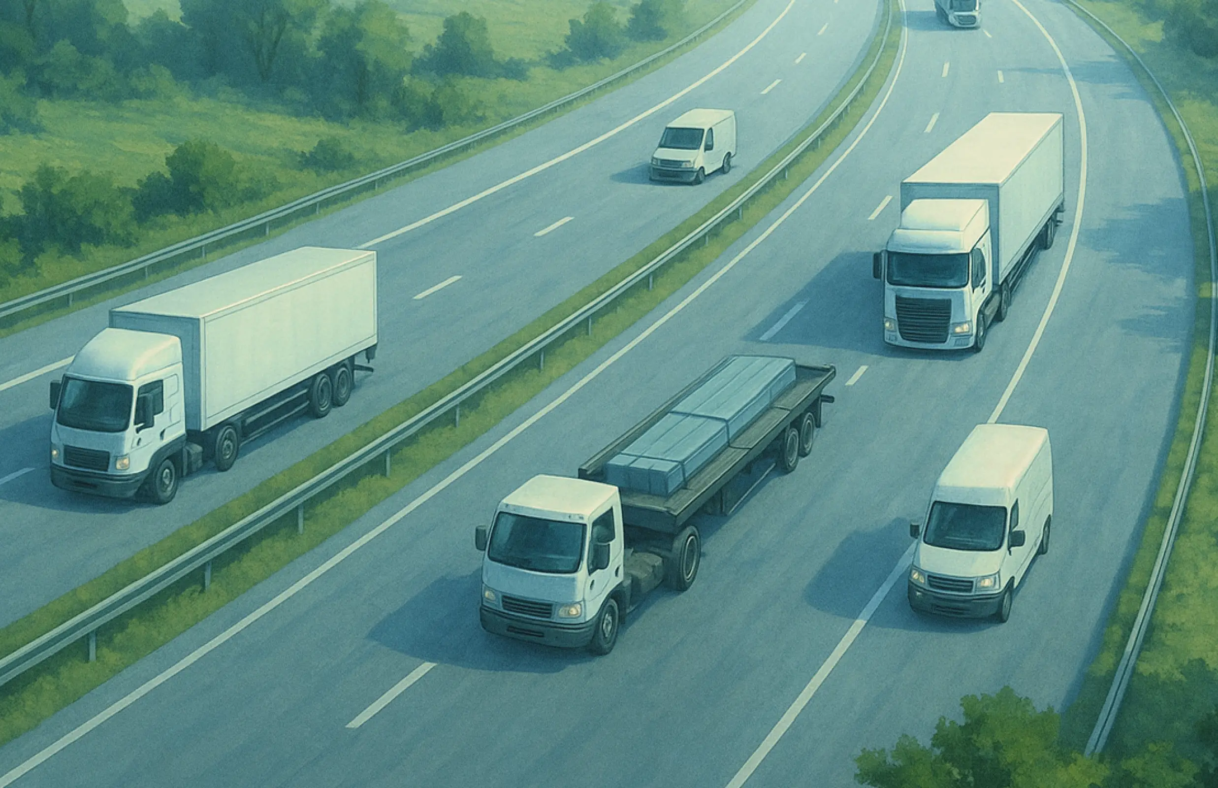 Several white trucks and vans driving on a divided highway surrounded by greenery.