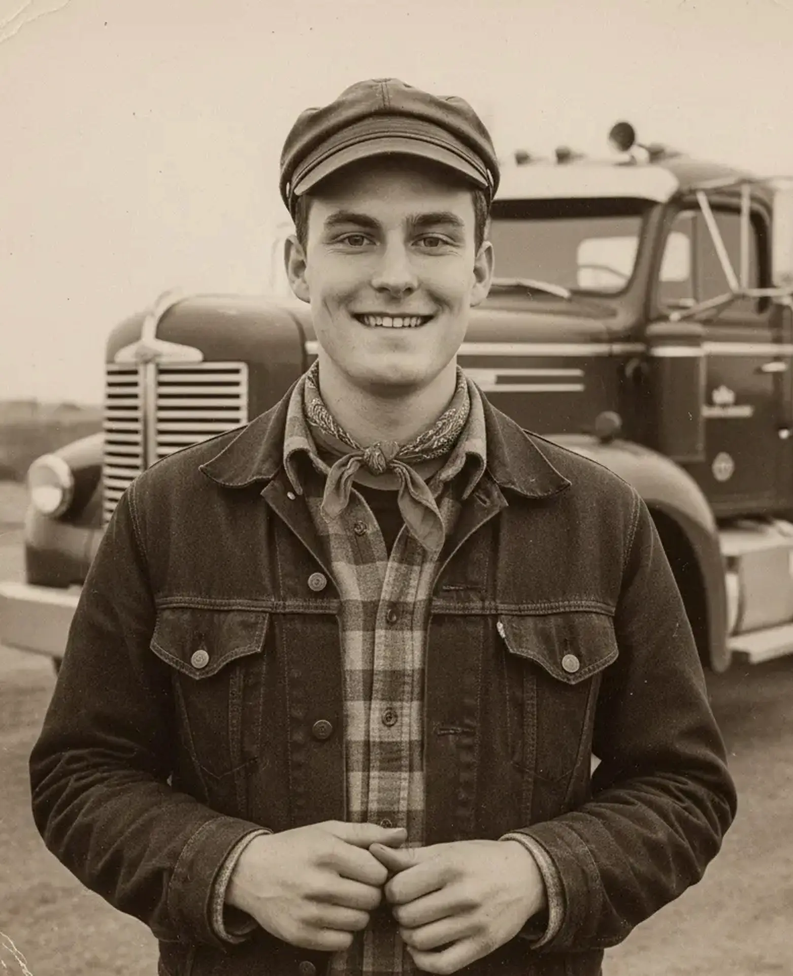 Smiling young man in a cap, bandana, denim jacket, and plaid shirt standing in front of a vintage truck.