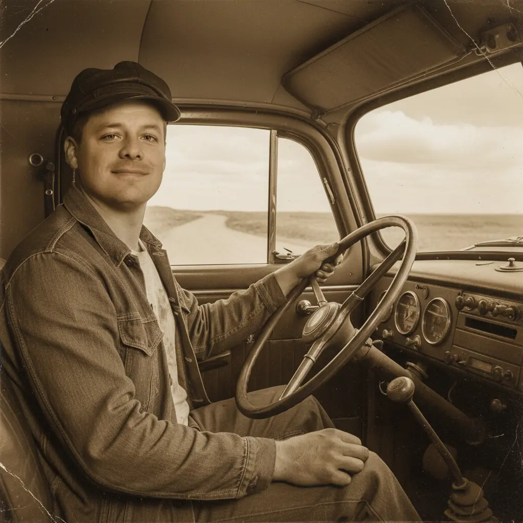 A young man wearing a cap and denim jacket sitting in the driver's seat of a vintage vehicle, smiling and holding the steering wheel.