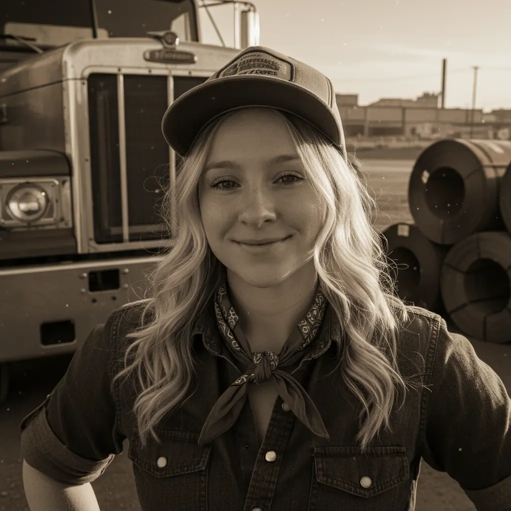 Smiling young woman with wavy blonde hair wearing a cap, bandana, and denim shirt standing in front of a large truck and coiled industrial cables.