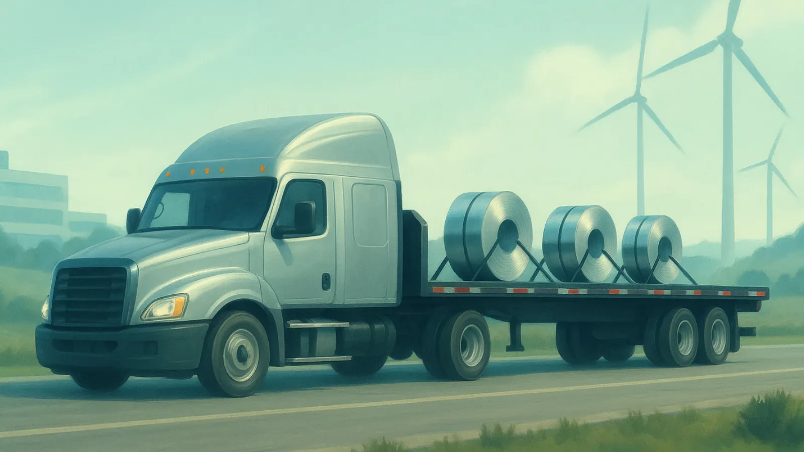 Flatbed truck carrying three large metal coils on a road with wind turbines in the background.
