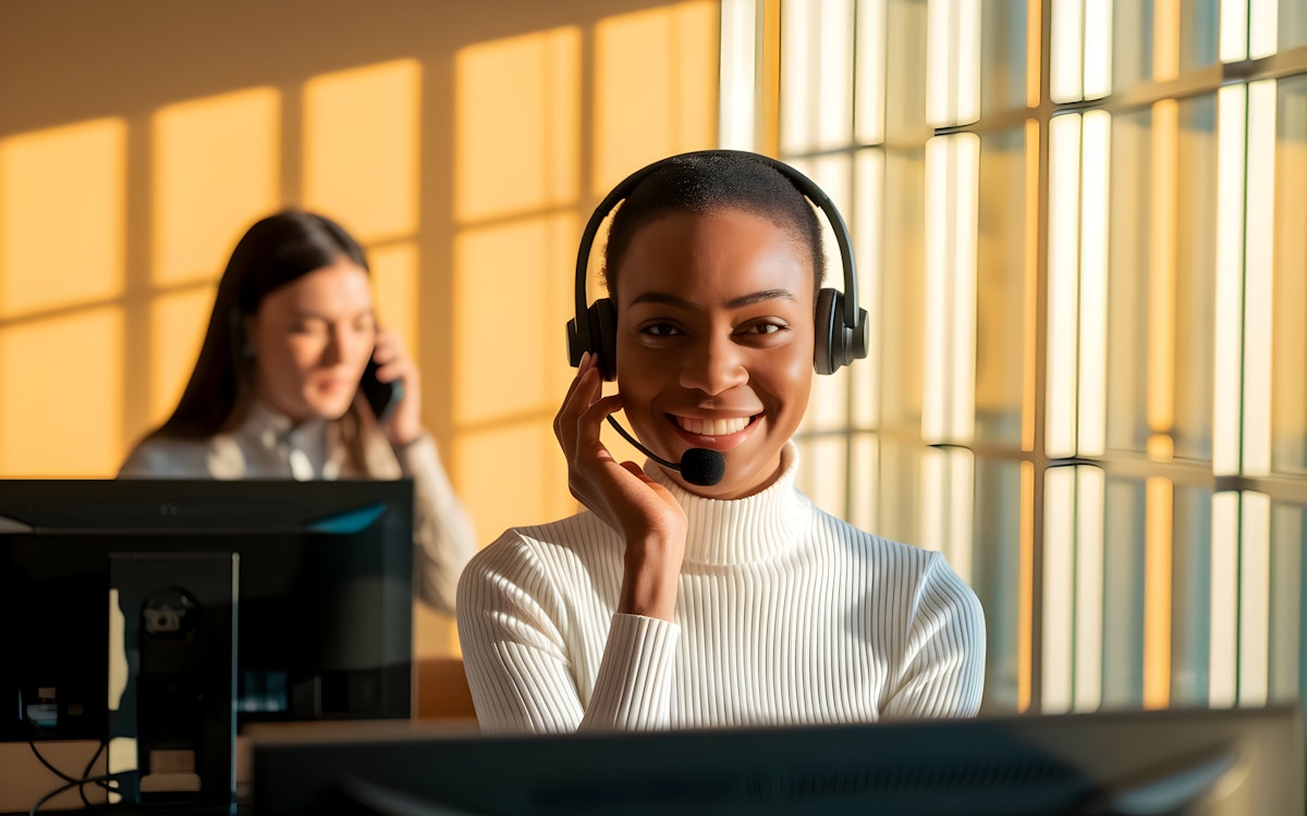 Smiling customer service representative wearing a headset in a sunlit office with a colleague working in the background.
