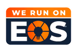 Logo with the text 'WE RUN ON EOS' and a graphic of a circular gear inside the letter O.