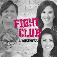 Black and white collage of four smiling women with the text 'FIGHT CLUB 4 BUSINESS' in pink and black overlaid on a textured background.