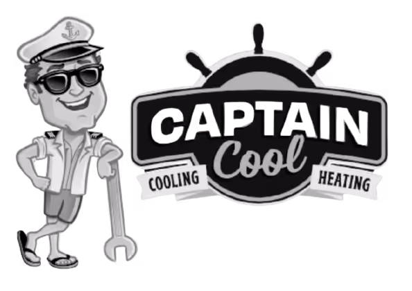 Cartoon captain wearing sunglasses and a hat, leaning on a wrench next to a ship wheel logo with the text 'Captain Cool Cooling Heating'.