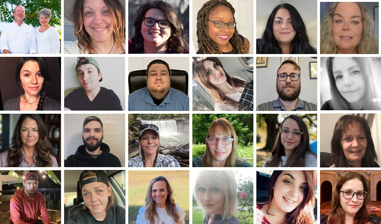 Collage of 22 diverse individual headshots showing men and women smiling or posing indoors and outdoors.