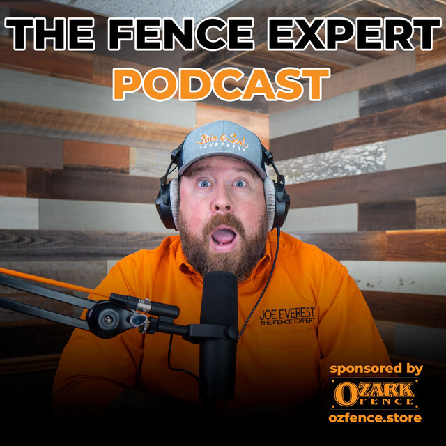 Man wearing an orange shirt and cap with headphones speaking into a microphone for The Fence Expert Podcast.