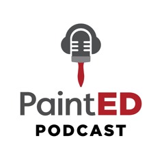 PaintED Podcast logo featuring a microphone with headphones and a red paint drip below it.