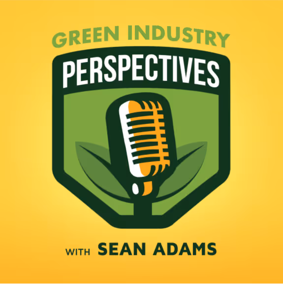 Logo for Green Industry Perspectives podcast featuring a vintage microphone and green leaves, hosted by Sean Adams.