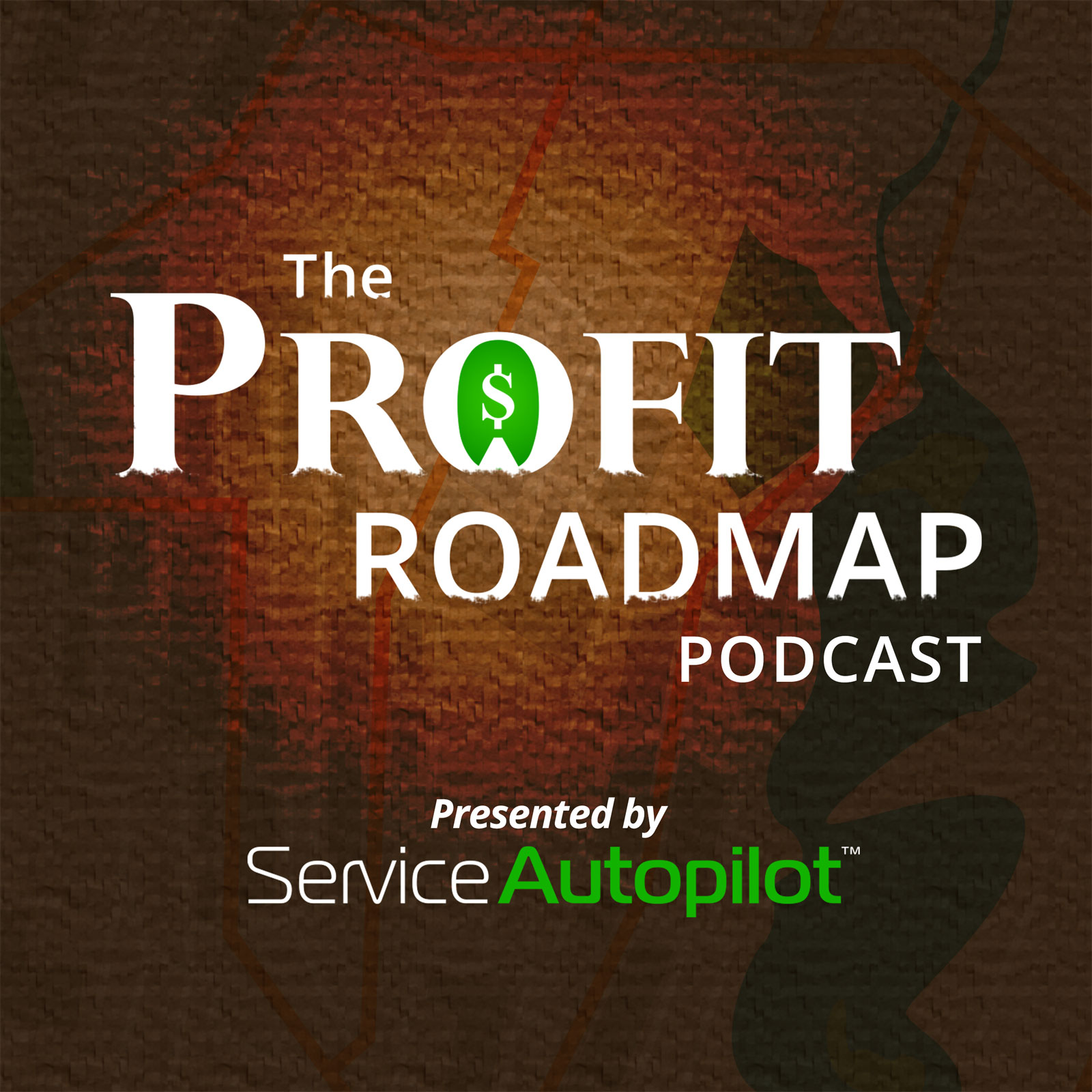 Logo for The Profit Roadmap Podcast presented by Service Autopilot with a dark textured background featuring abstract map shapes.