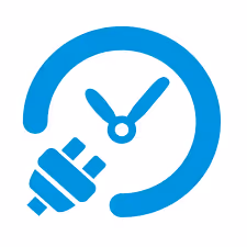 Blue clock icon with a plug integrated into the design, symbolizing time and electricity or energy saving.