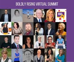 Collage of 25 diverse headshots and portraits of people with Boldly Rising Virtual Summit text at the top on a purple background.