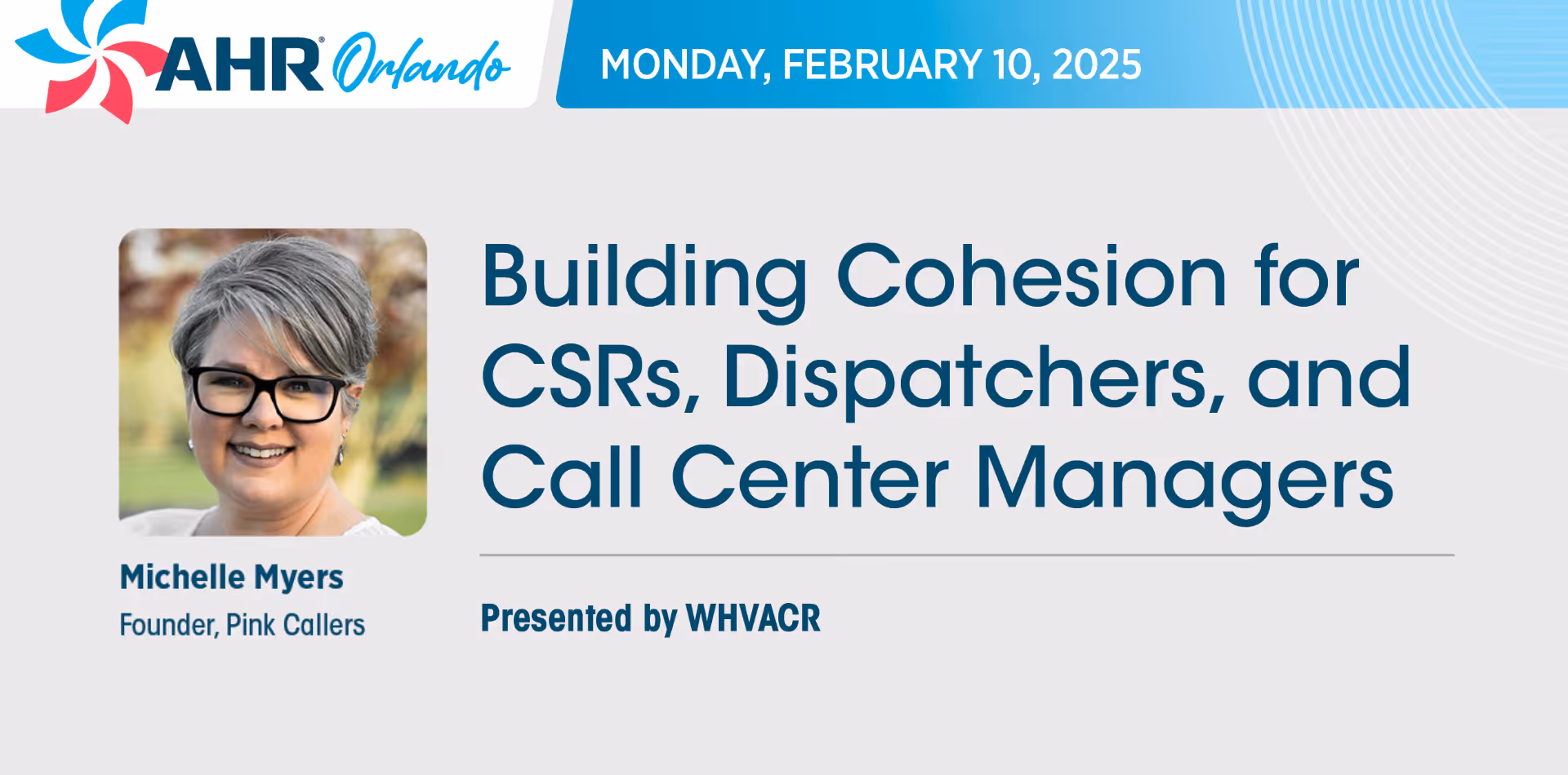 Headshot of Michelle Myers, founder of Pink Callers, for AHR Orlando event on February 10, 2025 about building cohesion for CSRs, dispatchers, and call center managers presented by WHVACR.