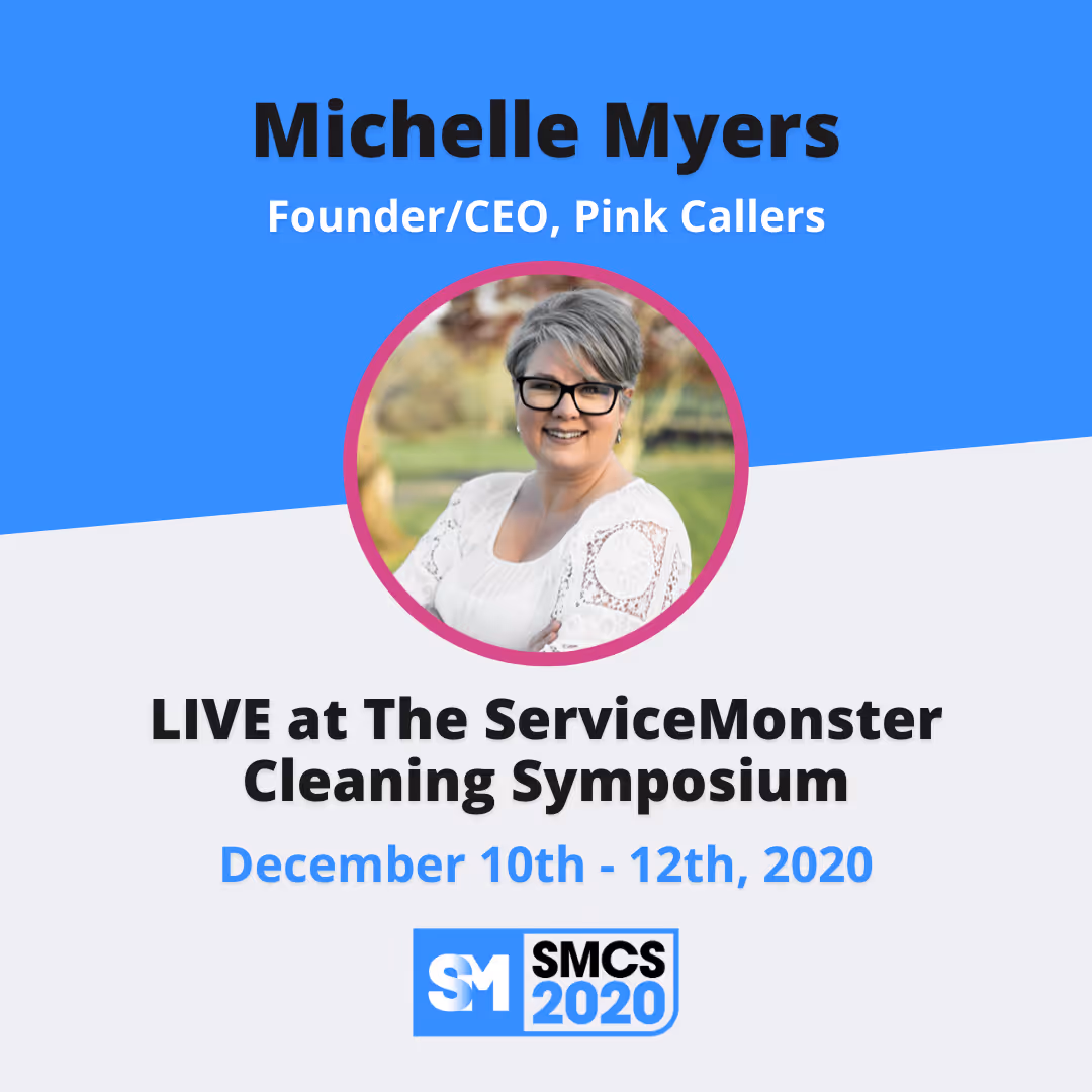 Michelle Myers, founder and CEO of Pink Callers, smiling and wearing glasses and a white top, featured for live appearance at The ServiceMonster Cleaning Symposium December 10th-12th, 2020.